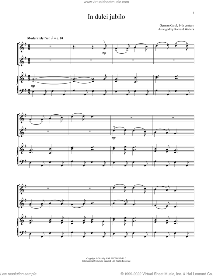 In Dulci Jubilo (for Violin Duet and Piano) sheet music for violin and piano by Anonymous and 14th Century German Melody, intermediate skill level