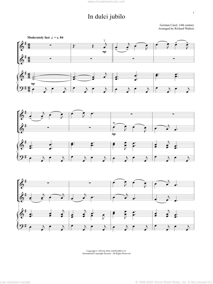 In Dulci Jubilo (for Violin Duet and Piano) sheet music for violin and piano by Anonymous and 14th Century German Melody, intermediate skill level