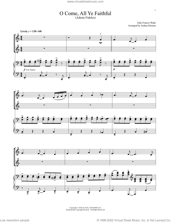 O Come, All Ye Faithful (for Violin Duet and Piano) sheet music for violin and piano by John Francis Wade and Frederick Oakeley, intermediate skill level
