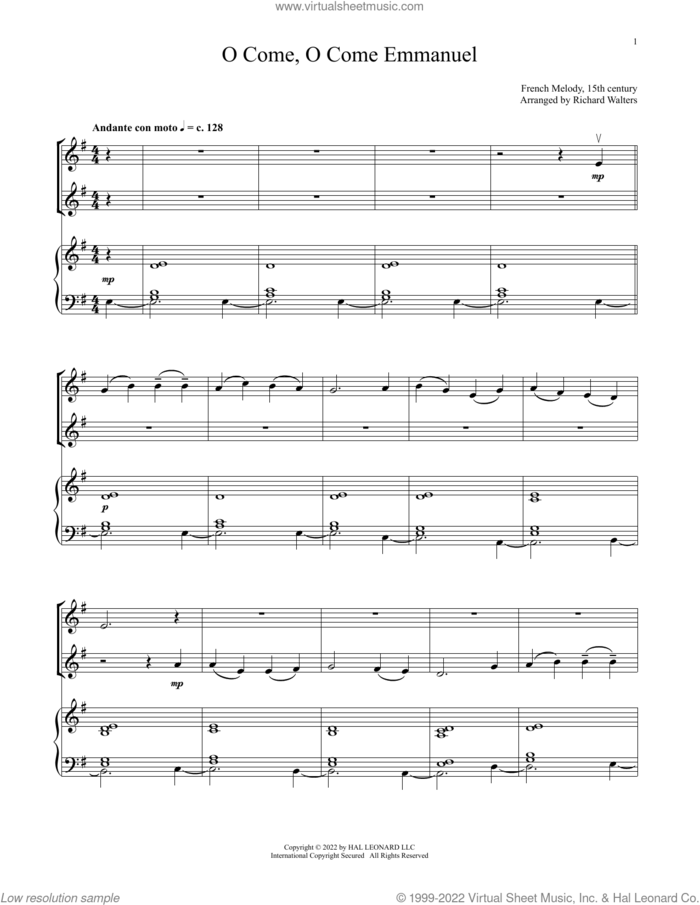 O Come, O Come, Emmanuel (for Violin Duet and Piano) sheet music for violin and piano by John Mason Neale, 15th Century French Melody, Henry S. Coffin, Miscellaneous and Thomas Helmore, intermediate skill level