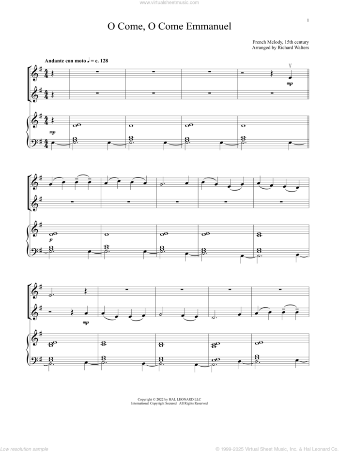 O Come, O Come, Emmanuel (for Violin Duet and Piano) sheet music for violin and piano by John Mason Neale, 15th Century French Melody, Henry S. Coffin, Miscellaneous and Thomas Helmore, intermediate skill level