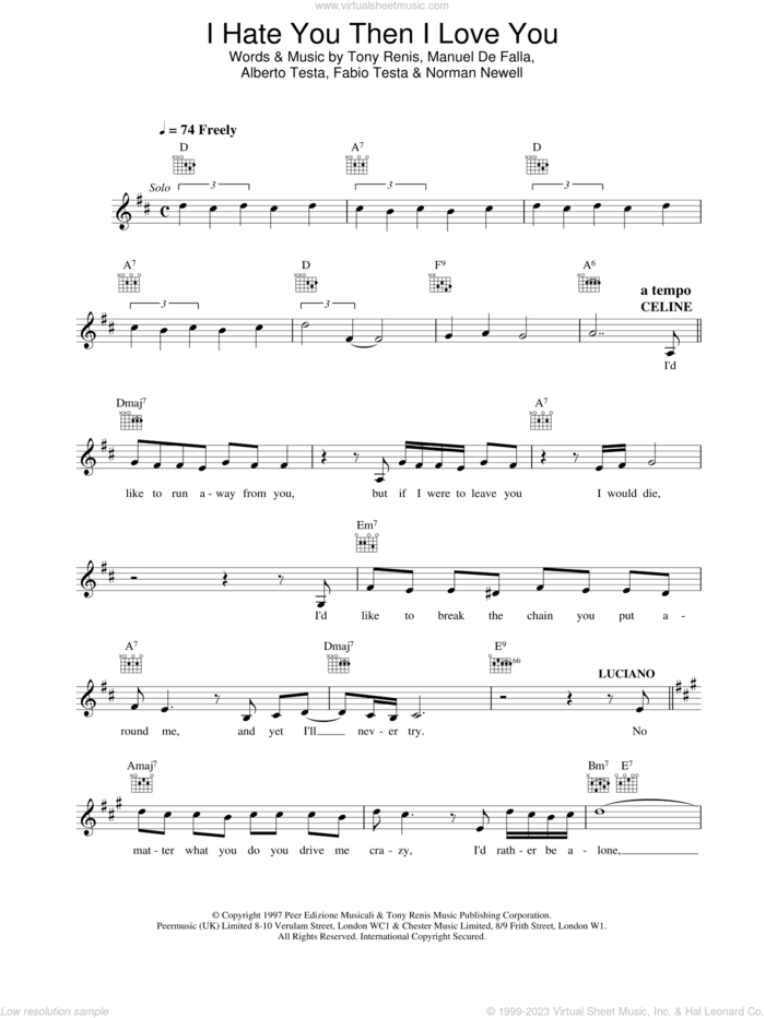 I Hate You Then I Love You sheet music for voice and other instruments (fake book) by Celine Dion, intermediate skill level