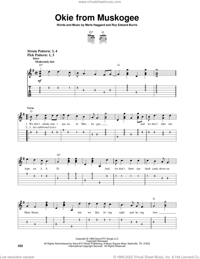 Okie From Muskogee sheet music for guitar solo (easy tablature) by Merle Haggard and Roy Edward Burris, easy guitar (easy tablature)