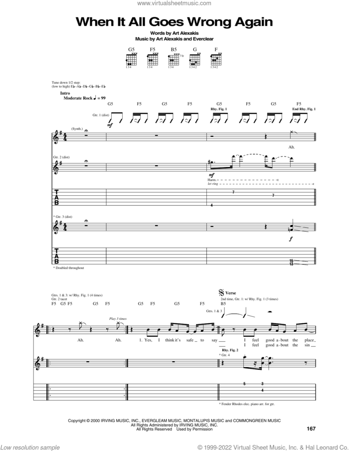 When It All Goes Wrong Again sheet music for guitar (tablature) by Everclear and Art Alexakis, intermediate skill level