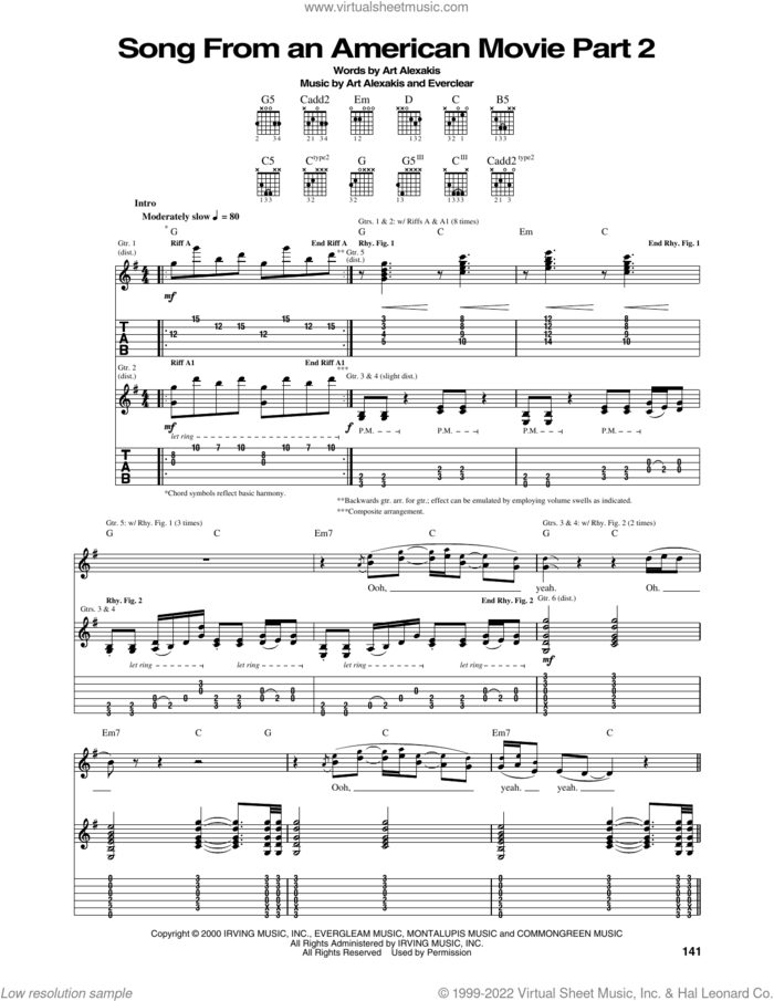 Song From An American Movie Part 2 sheet music for guitar (tablature) by Everclear and Art Alexakis, intermediate skill level