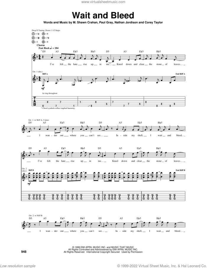 Wait And Bleed sheet music for guitar (tablature) by Slipknot, Corey Taylor, M. Shawn Crahan, Nathan Jordison and Paul Gray, intermediate skill level