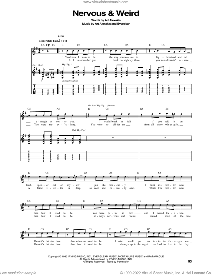 Nervous and Weird sheet music for guitar (tablature) by Everclear and Art Alexakis, intermediate skill level