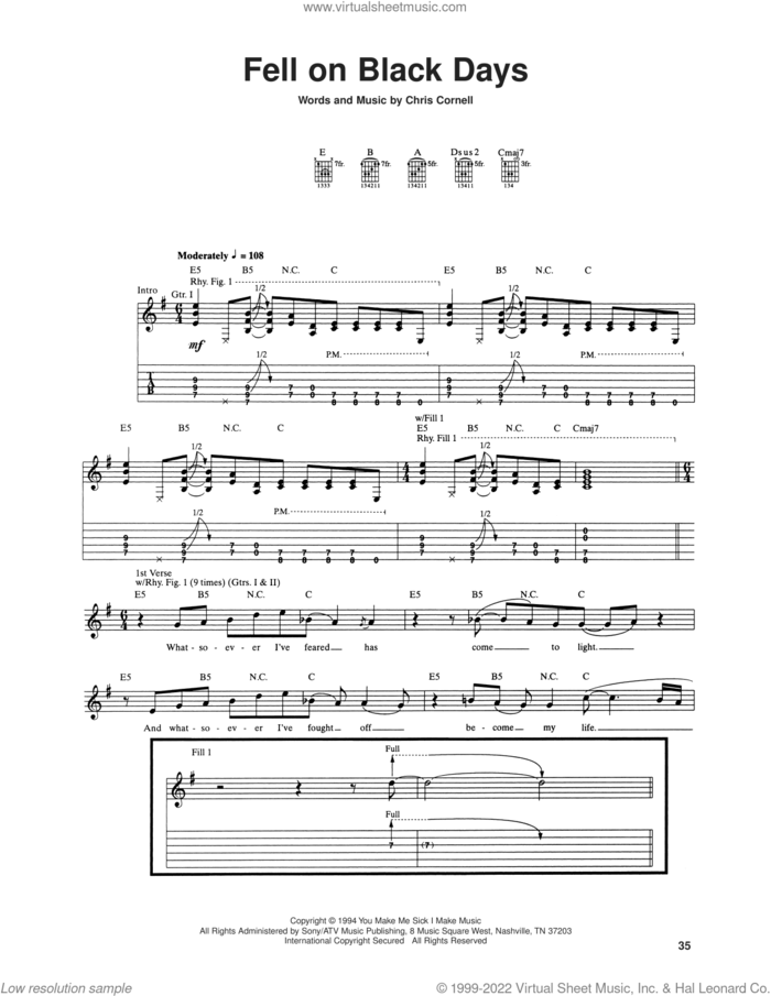 Fell On Black Days sheet music for guitar (tablature) by Soundgarden and Chris Cornell, intermediate skill level