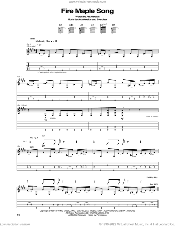 Fire Maple Song sheet music for guitar (tablature) by Everclear and Art Alexakis, intermediate skill level