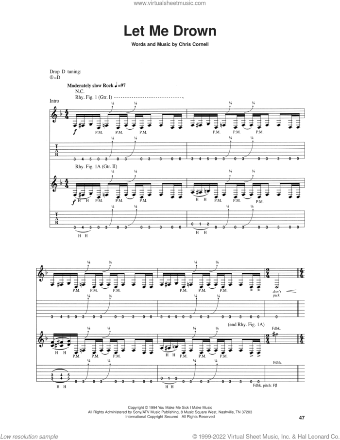 Let Me Drown sheet music for guitar (tablature) by Soundgarden and Chris Cornell, intermediate skill level