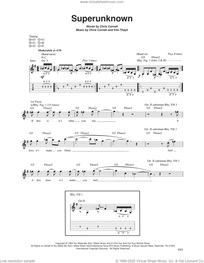 Superunknown sheet music for guitar (tablature) by Soundgarden, Chris Cornell and Kim Thayil, intermediate skill level