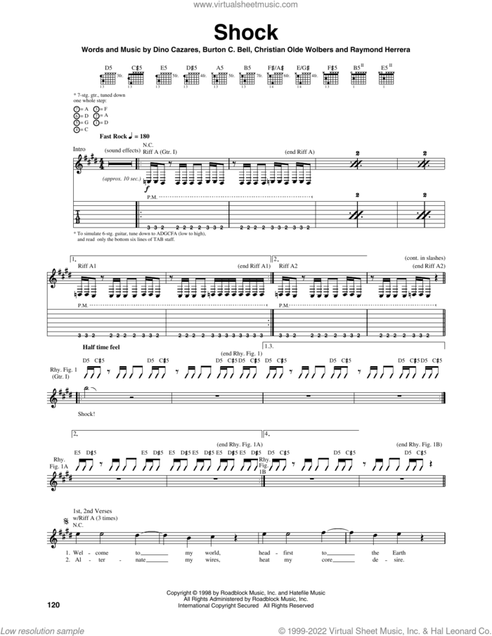 Shock sheet music for guitar (tablature) by Fear Factory, Burton C. Bell, Christian Olde Wolbers, Dino Cazares and Raymond Herrera, intermediate skill level