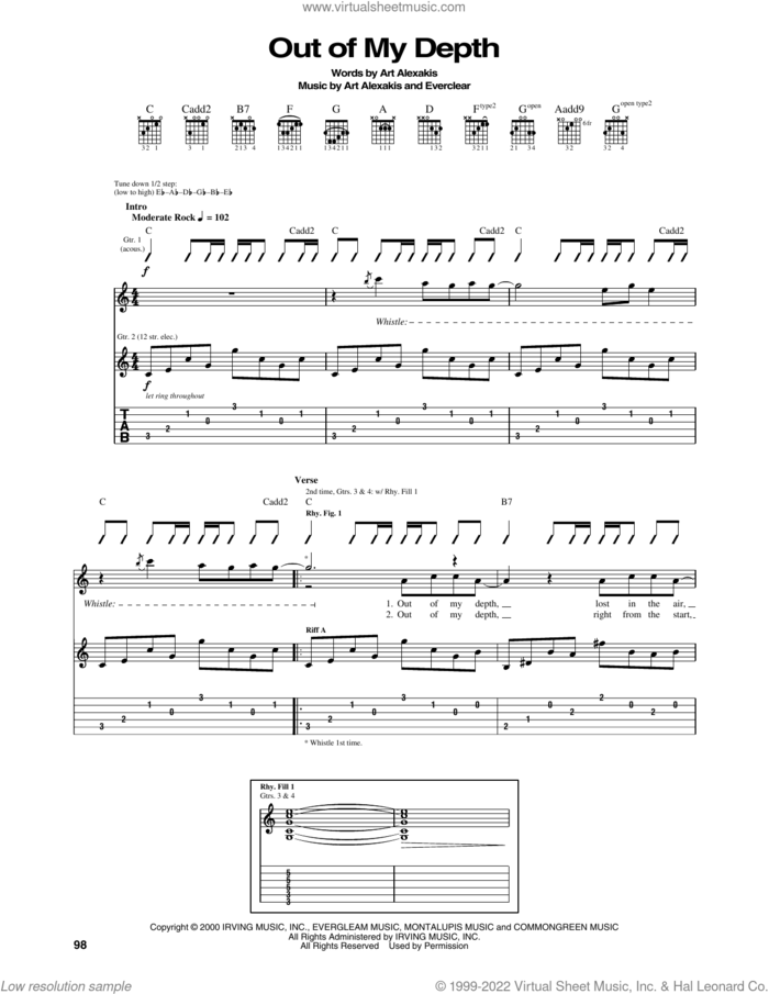Out Of My Depth sheet music for guitar (tablature) by Everclear and Art Alexakis, intermediate skill level