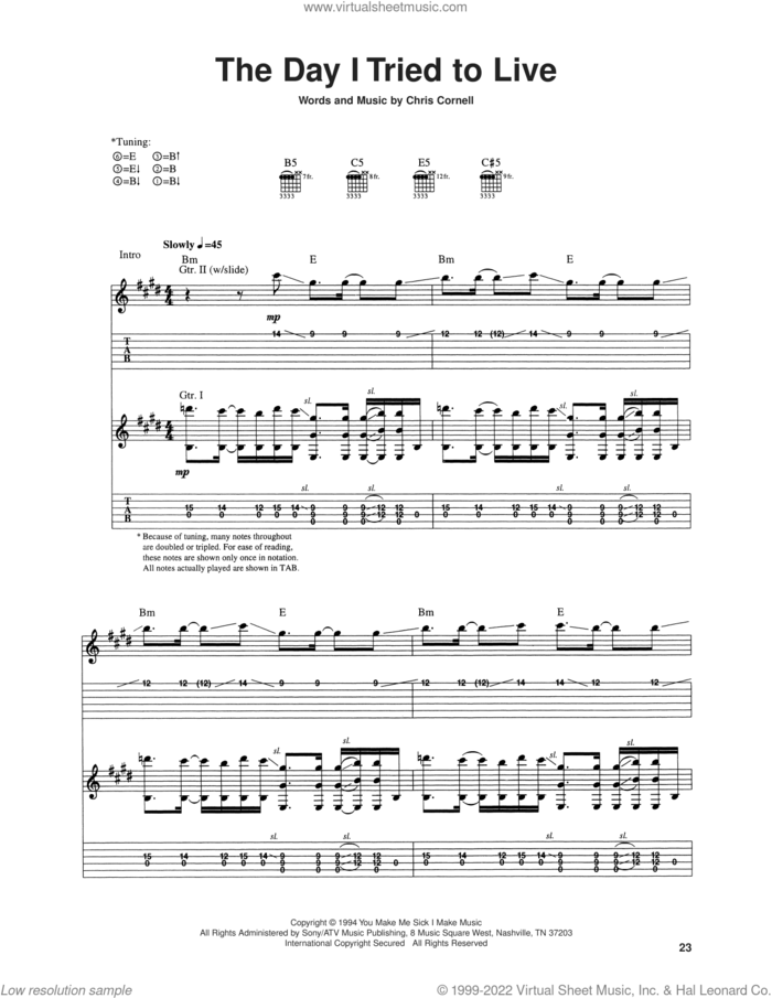 The Day I Tried To Live sheet music for guitar (tablature) by Soundgarden and Chris Cornell, intermediate skill level