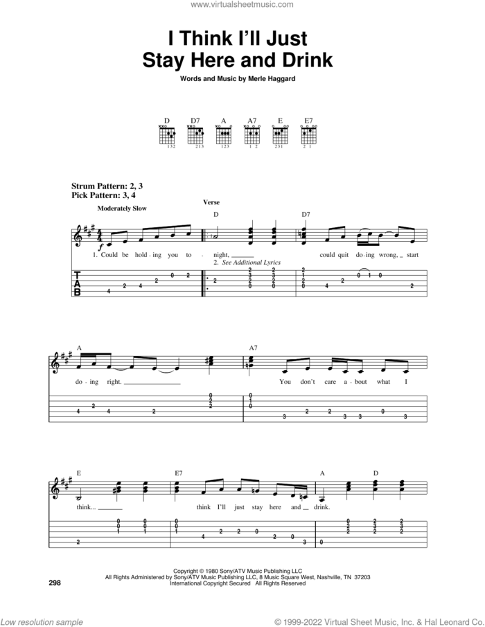 I Think I'll Just Stay Here And Drink sheet music for guitar solo (easy tablature) by Merle Haggard, easy guitar (easy tablature)