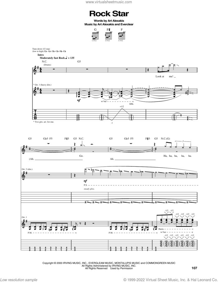 Rock Star sheet music for guitar (tablature) by Everclear and Art Alexakis, intermediate skill level
