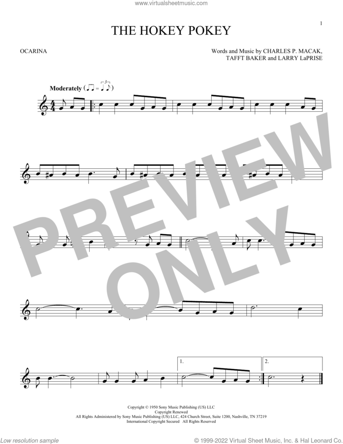 The Hokey Pokey sheet music for ocarina solo by Larry LaPrise, Charles P. Macak and Tafft Baker, intermediate skill level