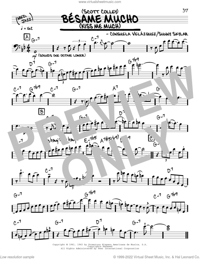 Besame Mucho (Kiss Me Much) (solo only) sheet music for voice and other instruments (real book) by Scott Colley, Consuelo Velazquez and Sunny Skylar (English), intermediate skill level