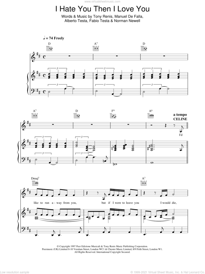 I Hate You Then I Love You sheet music for voice, piano or guitar by Celine Dion, intermediate skill level