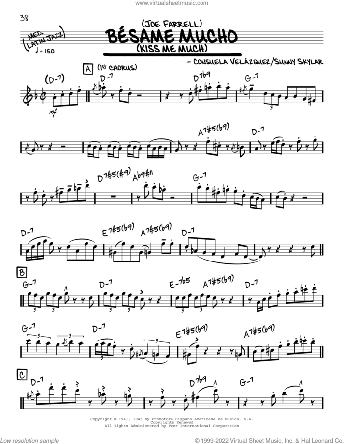 Besame Mucho (Kiss Me Much) (solo only) sheet music for voice and other instruments (real book) by Consuelo Velazquez, Joe Farrell and Sunny Skylar (English), intermediate skill level