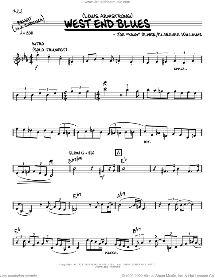 West End Blues (solo only) sheet music for voice and other instruments (real book) by Louis Armstrong, Clarence Williams and Joe Oliver, intermediate skill level