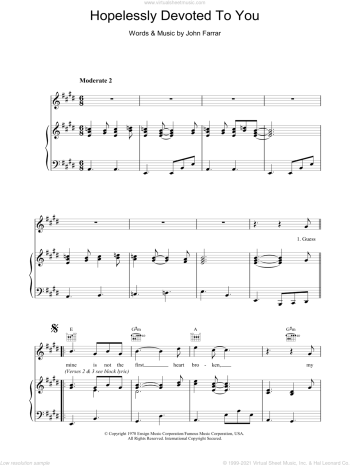 Hopelessly Devoted To You sheet music for voice, piano or guitar by Olivia Newton-John and Grease (Musical), intermediate skill level