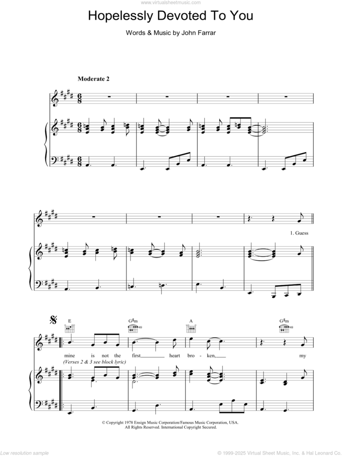 Hopelessly Devoted To You sheet music for voice, piano or guitar by Olivia Newton-John and Grease (Musical), intermediate skill level