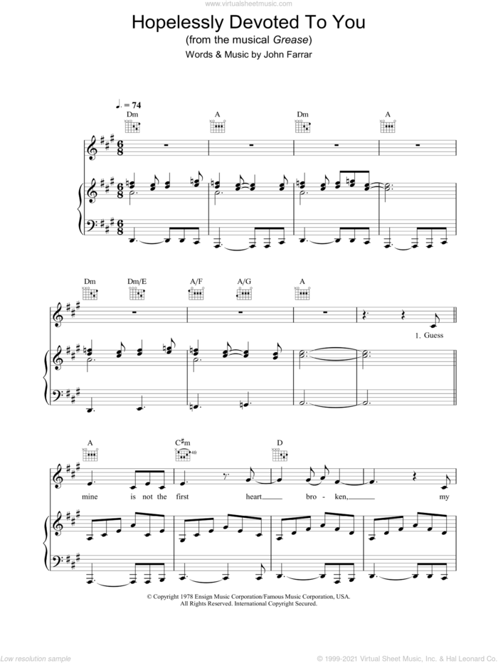 Hopelessly Devoted To You sheet music for voice, piano or guitar by Olivia Newton-John and Grease (Musical), intermediate skill level