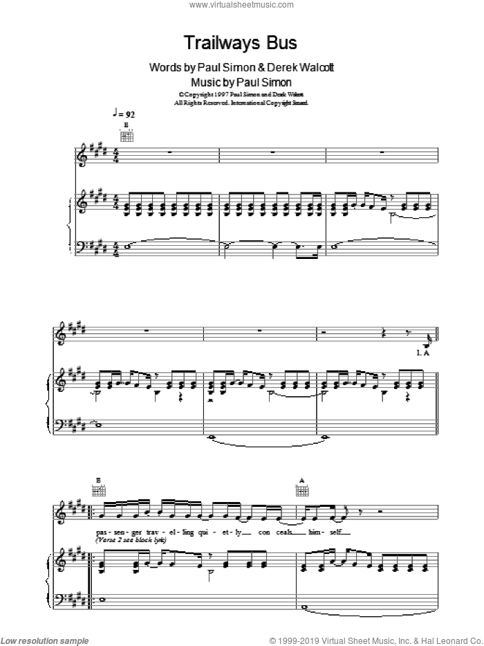 Trailways Bus sheet music for voice, piano or guitar by Paul Simon, intermediate skill level