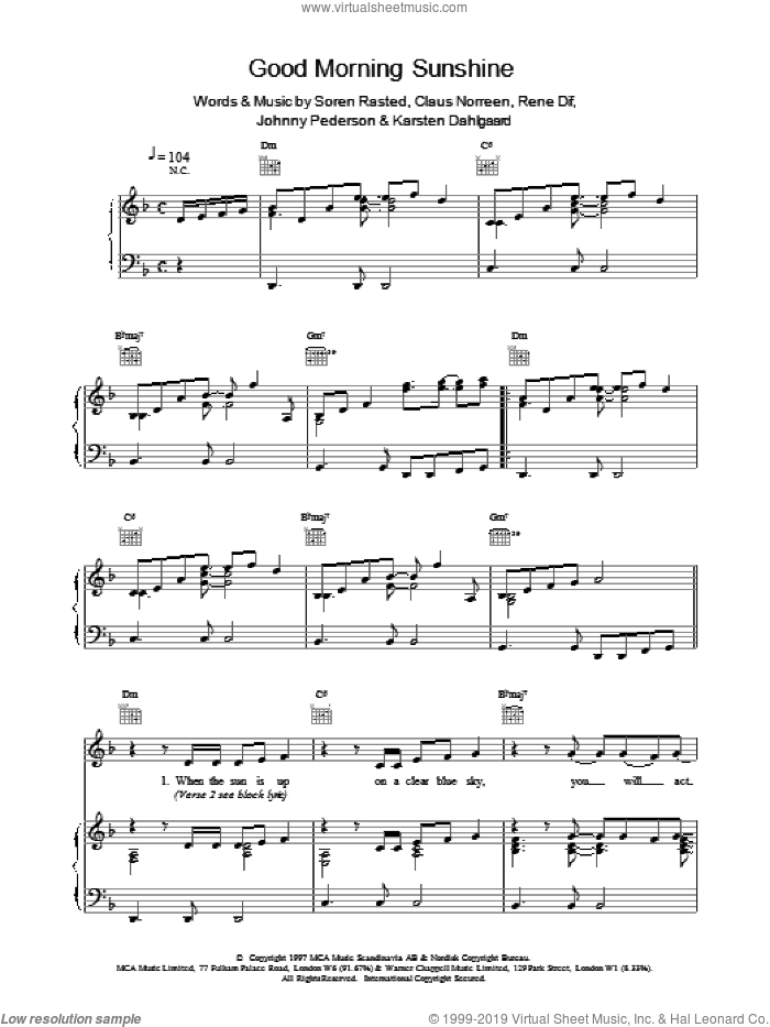 Good Morning Sunshine sheet music for voice, piano or guitar by Aqua, intermediate skill level