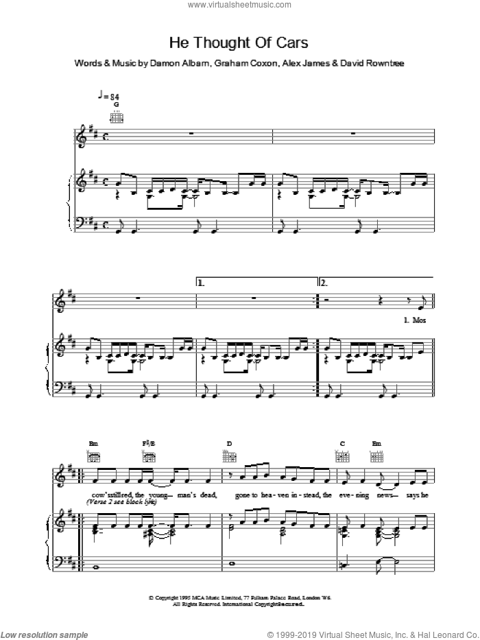 He Thought Of Cars sheet music for voice, piano or guitar by Blur, intermediate skill level