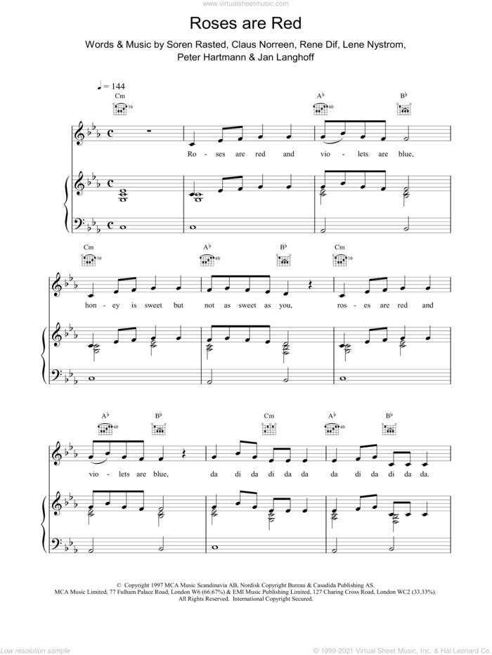 Roses are Red sheet music for voice, piano or guitar by Aqua, intermediate skill level