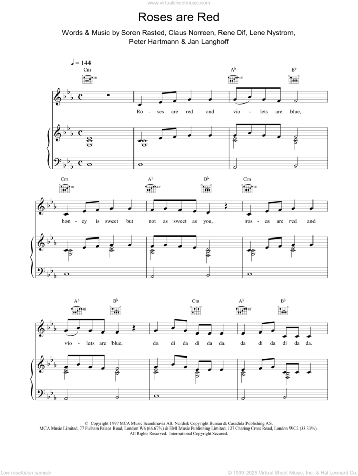 Roses are Red sheet music for voice, piano or guitar by Aqua, intermediate skill level