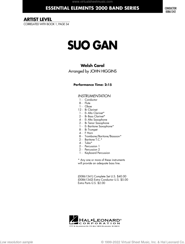 Suo Gan (arr. John Higgins) (COMPLETE) sheet music for concert band by Welsh carol and John Higgins, intermediate skill level