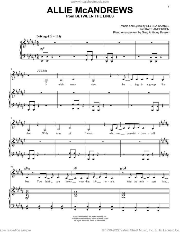 Allie McAndrews (from Between The Lines) sheet music for voice and piano by Elyssa Samsel, Elyssa Samsel & Kate Anderson and Kate Anderson, intermediate skill level