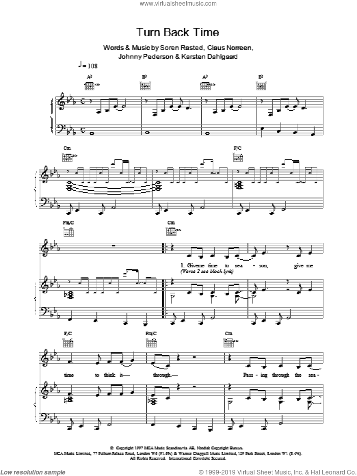 Turn Back Time sheet music for voice, piano or guitar by Aqua, intermediate skill level