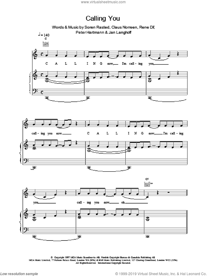 Calling You sheet music for voice, piano or guitar by Aqua, intermediate skill level