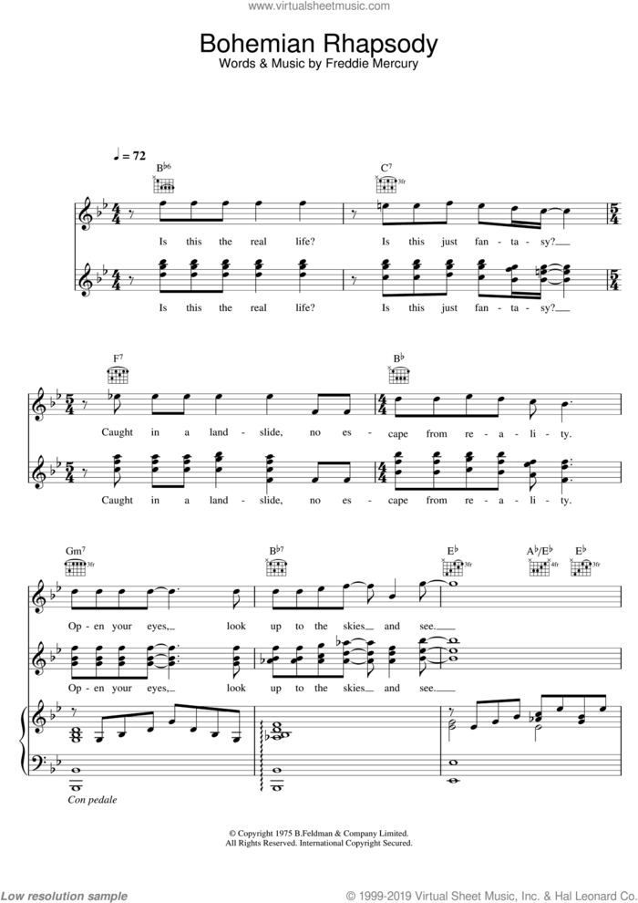 Bohemian Rhapsody sheet music for voice, piano or guitar by Queen and Freddie Mercury, intermediate skill level