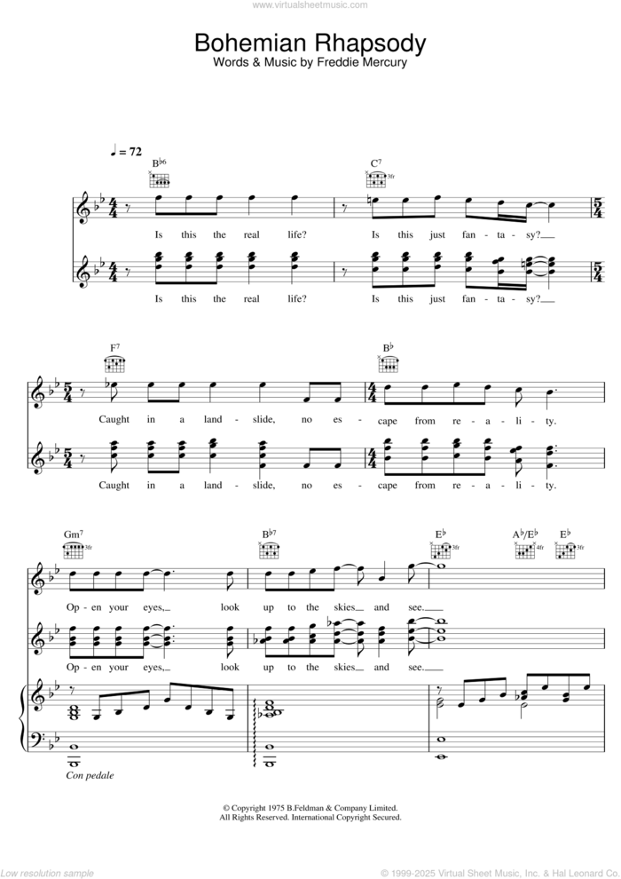 Bohemian Rhapsody sheet music for voice, piano or guitar by Queen and Freddie Mercury, intermediate skill level