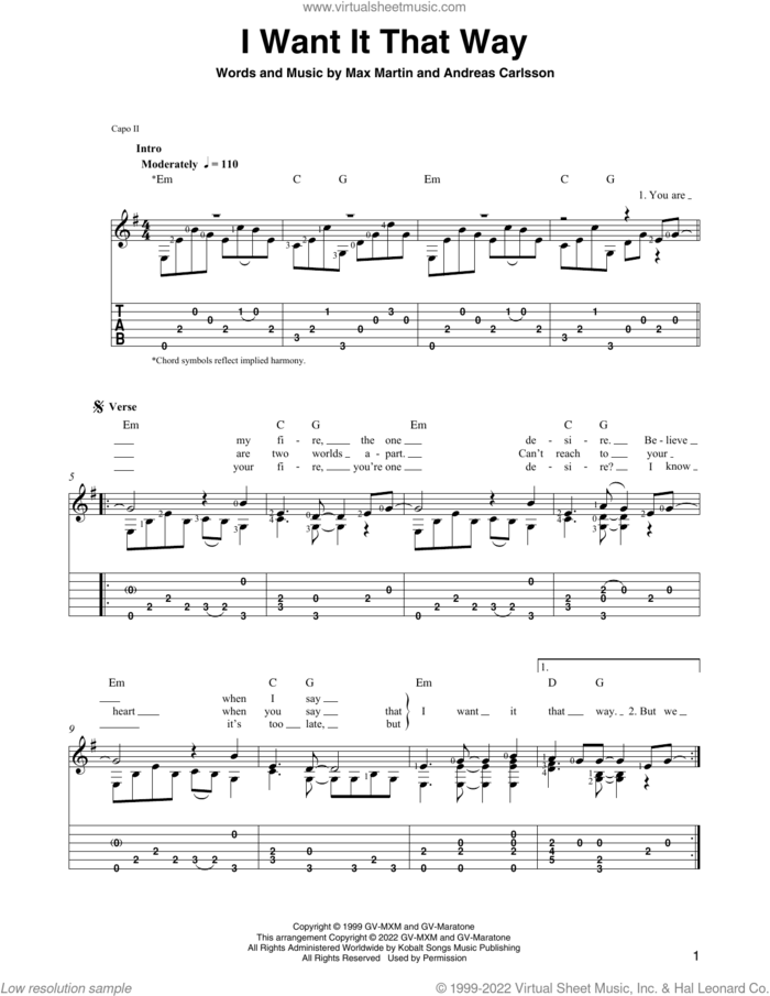I Want It That Way (arr. Ben Pila) sheet music for guitar solo by Backstreet Boys, Ben Pila, Andreas Carlsson and Max Martin, intermediate skill level
