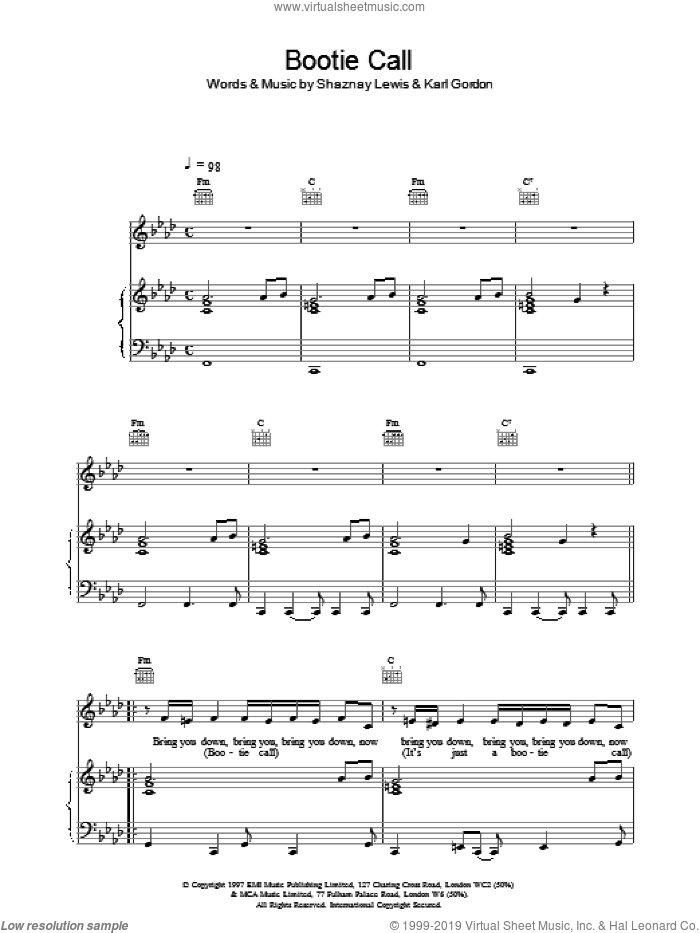Bootie Call sheet music for voice, piano or guitar by All Saints, intermediate skill level