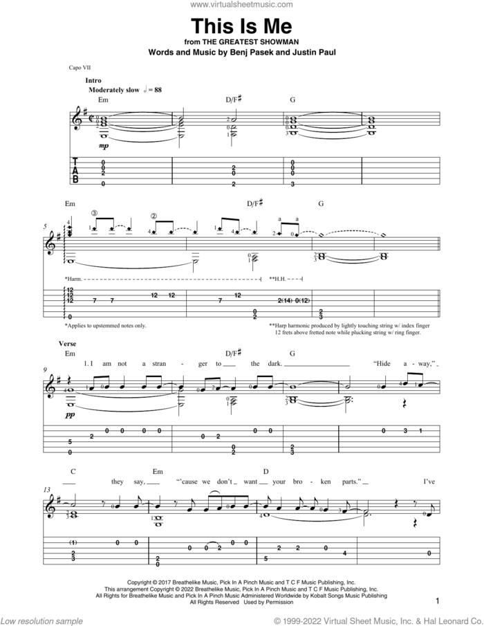This Is Me (from The Greatest Showman) (arr. Ben Pila) sheet music for guitar solo by Pasek & Paul, Ben Pila, Benj Pasek and Justin Paul, intermediate skill level