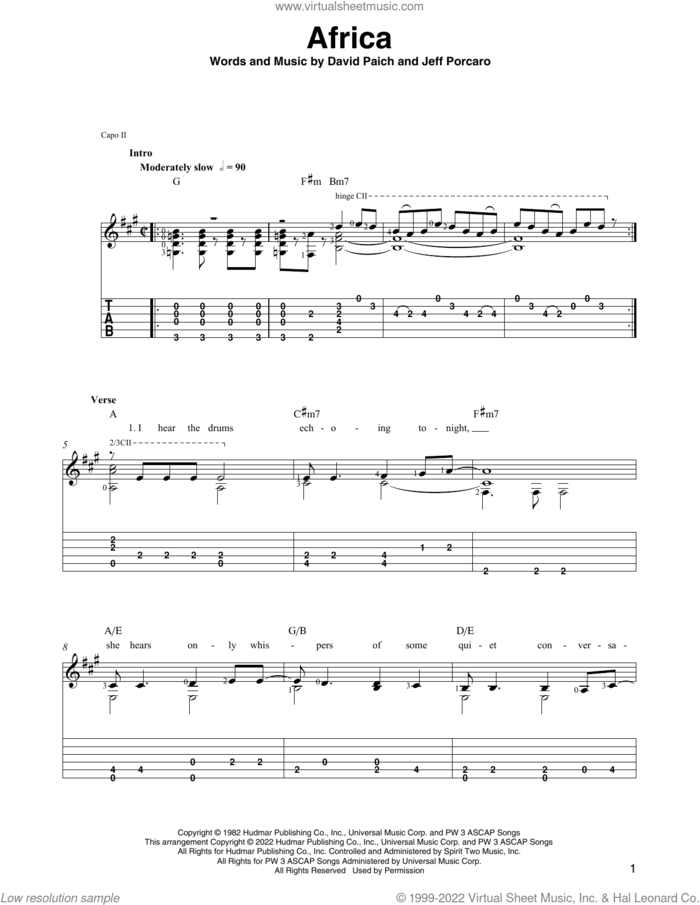 Africa (arr. Ben Pila) sheet music for guitar solo by Toto, Ben Pila, David Paich and Jeff Porcaro, intermediate skill level
