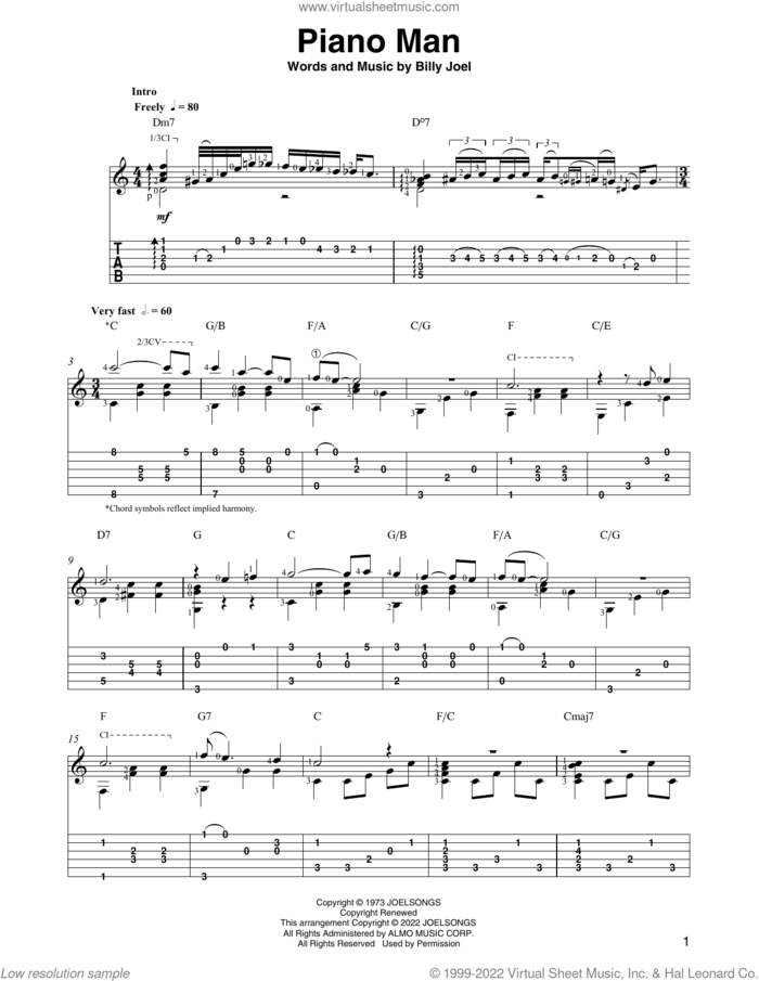 Piano Man (arr. Ben Pila) sheet music for guitar solo by Billy Joel and Ben Pila, intermediate skill level