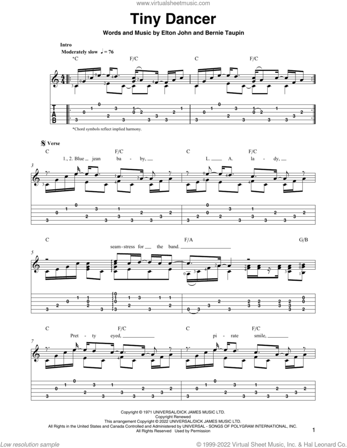 Tiny Dancer (arr. Ben Pila) sheet music for guitar solo by Elton John, Ben Pila and Bernie Taupin, intermediate skill level