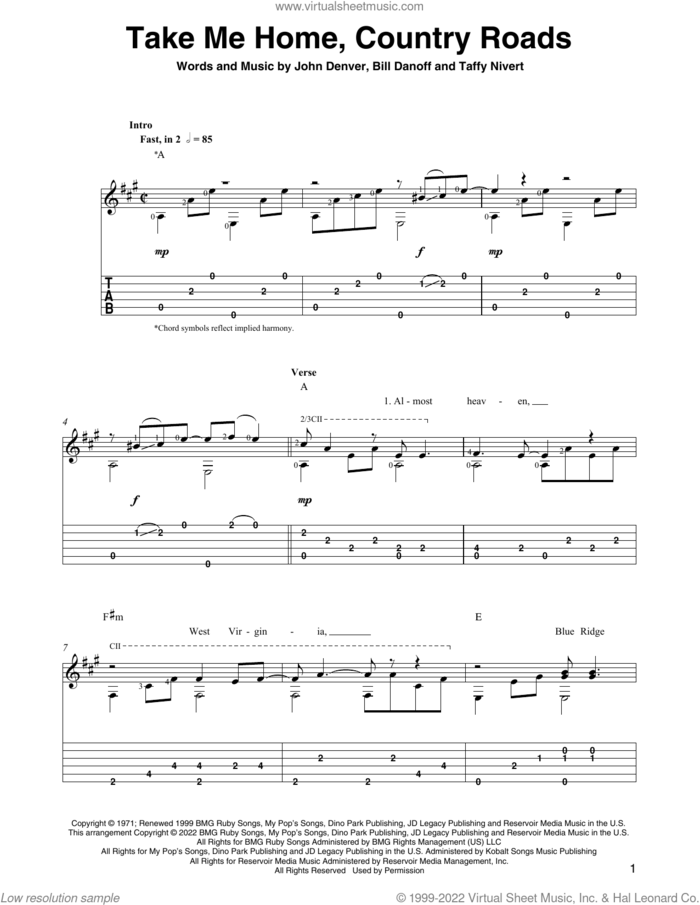 Take Me Home, Country Roads (arr. Ben Pila) sheet music for guitar solo by John Denver, Ben Pila, Bill Danoff and Taffy Nivert, intermediate skill level