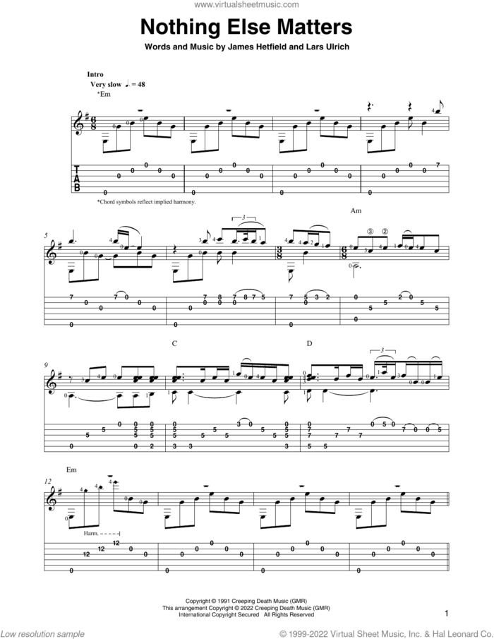 Nothing Else Matters (arr. Ben Pila) sheet music for guitar solo by Metallica, Ben Pila, James Hetfield and Lars Ulrich, intermediate skill level