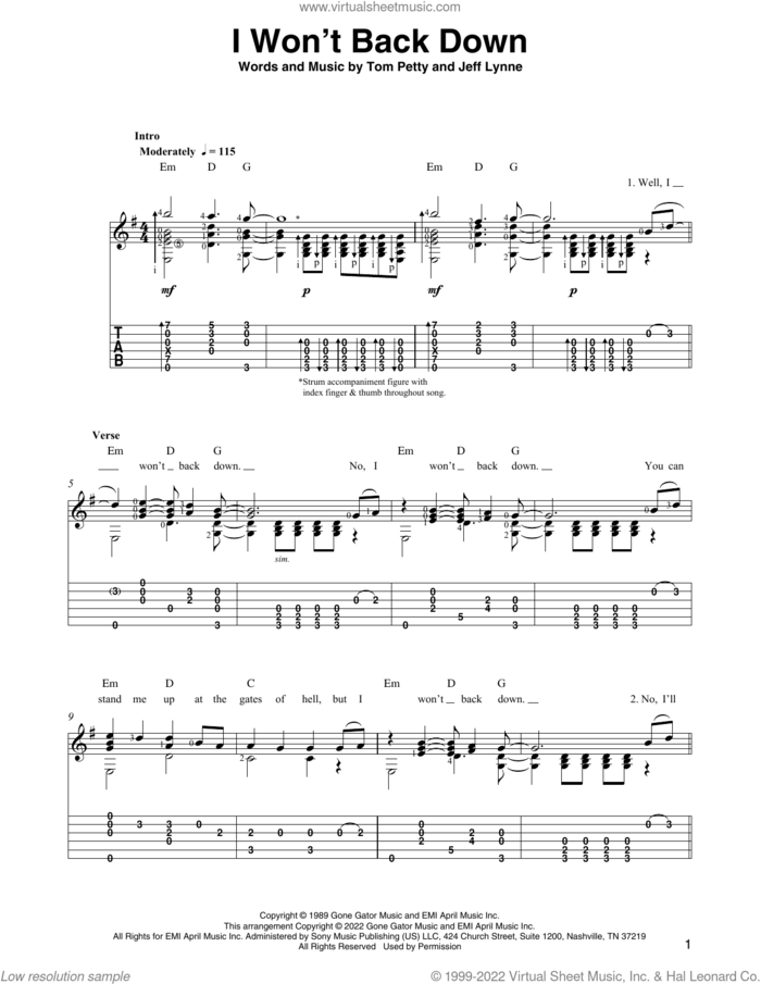 I Won't Back Down (arr. Ben Pila) sheet music for guitar solo by Tom Petty, Ben Pila and Jeff Lynne, intermediate skill level