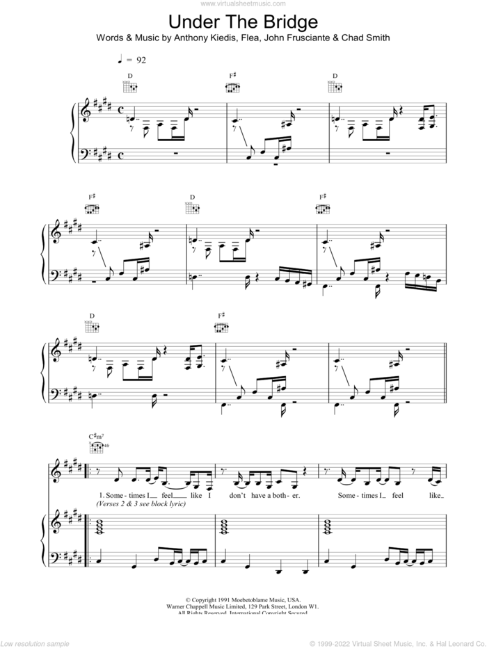 Under The Bridge sheet music for voice, piano or guitar by All Saints, Red Hot Chili Peppers, Anthony Kiedis, Chad Smith, Flea and John Frusciante, intermediate skill level