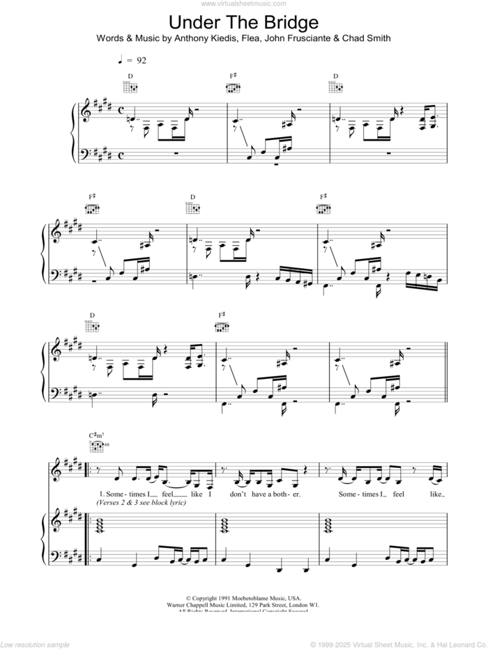 Under The Bridge sheet music for voice, piano or guitar by All Saints, Red Hot Chili Peppers, Anthony Kiedis, Chad Smith, Flea and John Frusciante, intermediate skill level